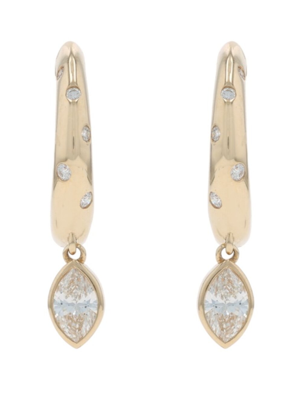 Yellow Gold Diamond Huggie Hoop Dangle Earrings - 14k Marquise .51ctw Pierced